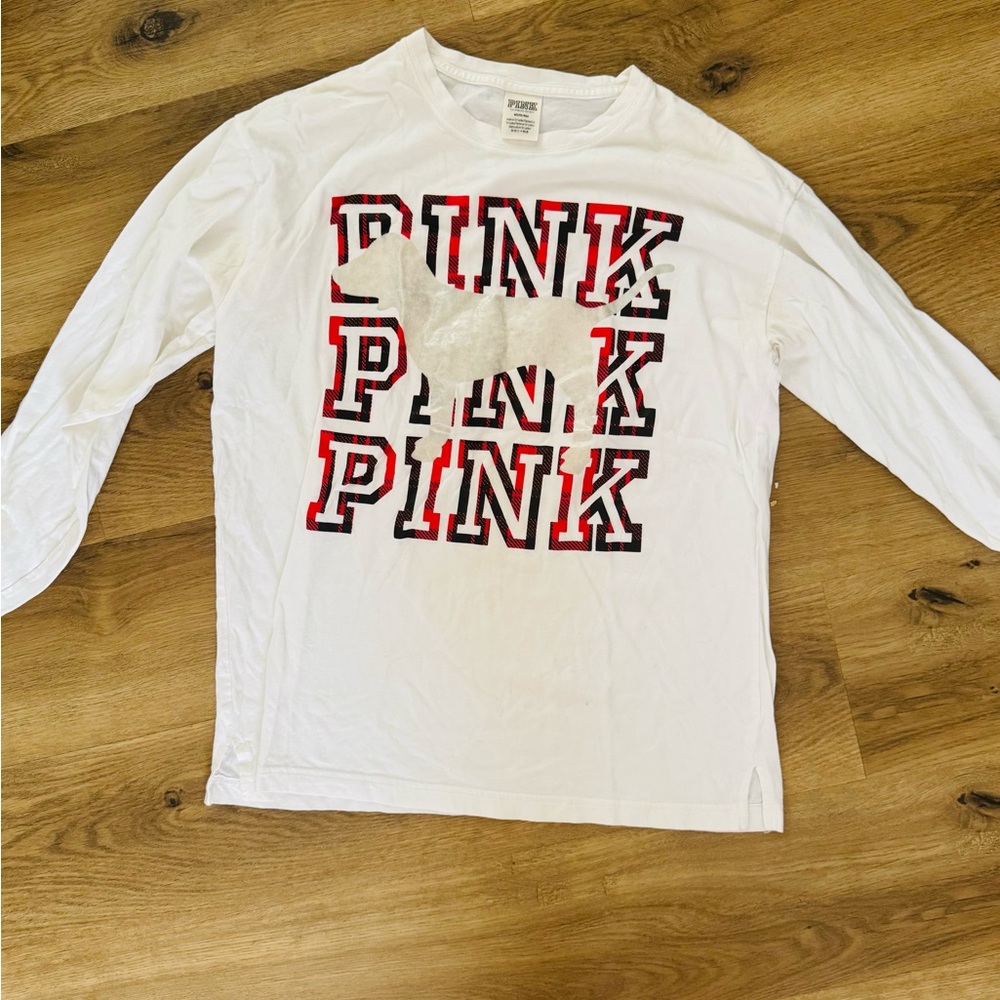 PINK Victoria's Secret White Tee with Red and Black flannel printed Accents